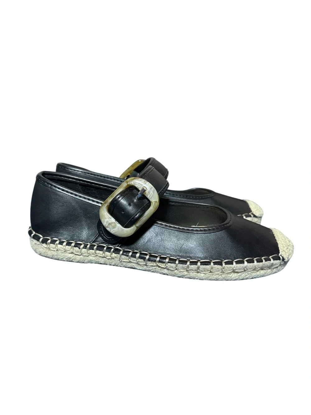 NEW Frye and Co. Jatani Espadrille Mary Jane Flats in Black Faux Leather Sz 6M